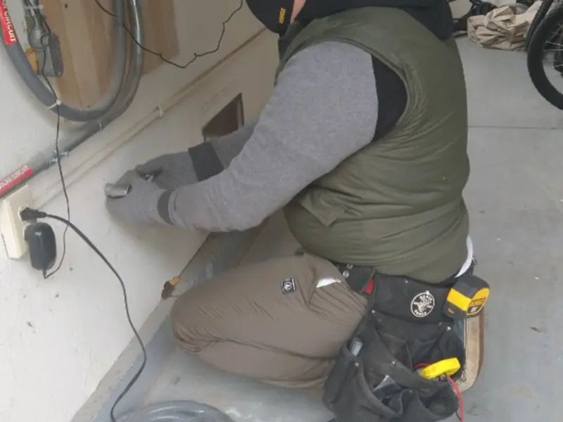 Electrician performing outlet wiring in a East Bethel garage